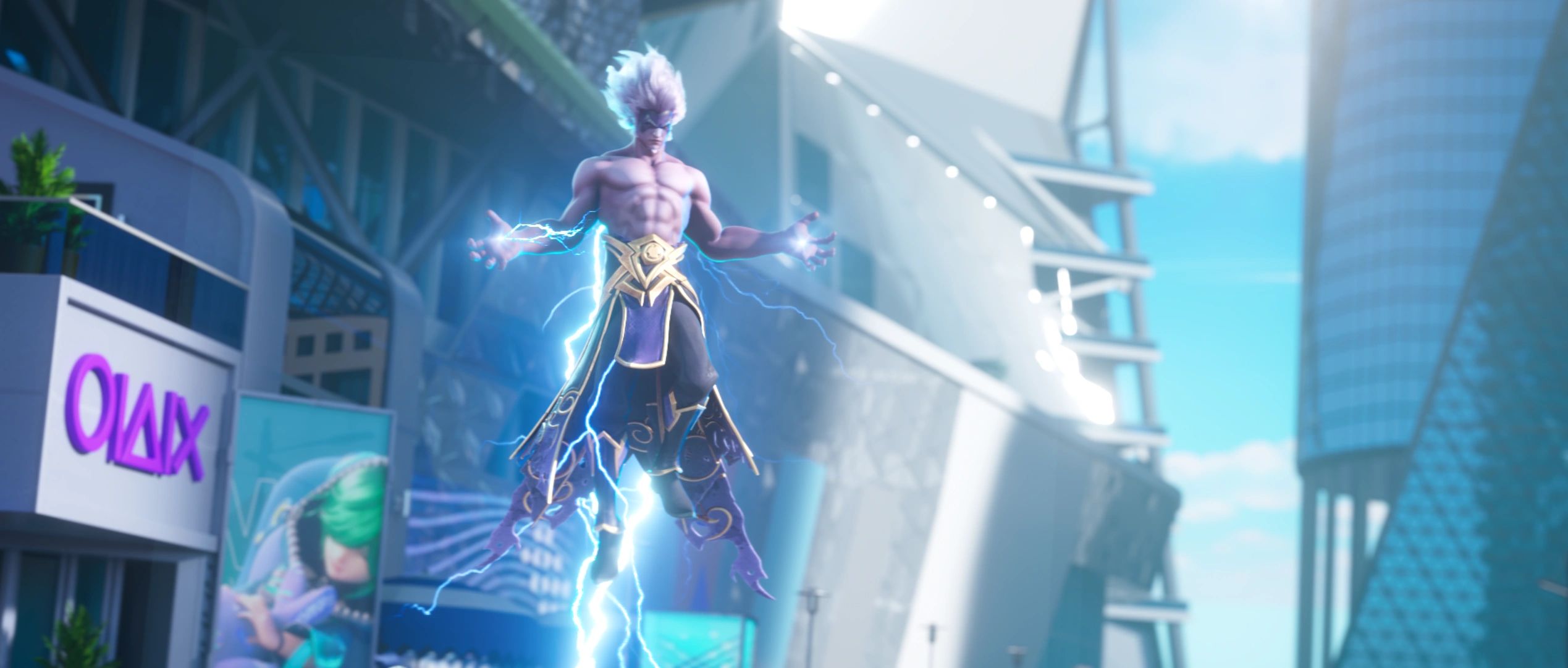 A powerful character with lightning powers hovers in a futuristic cityscape.