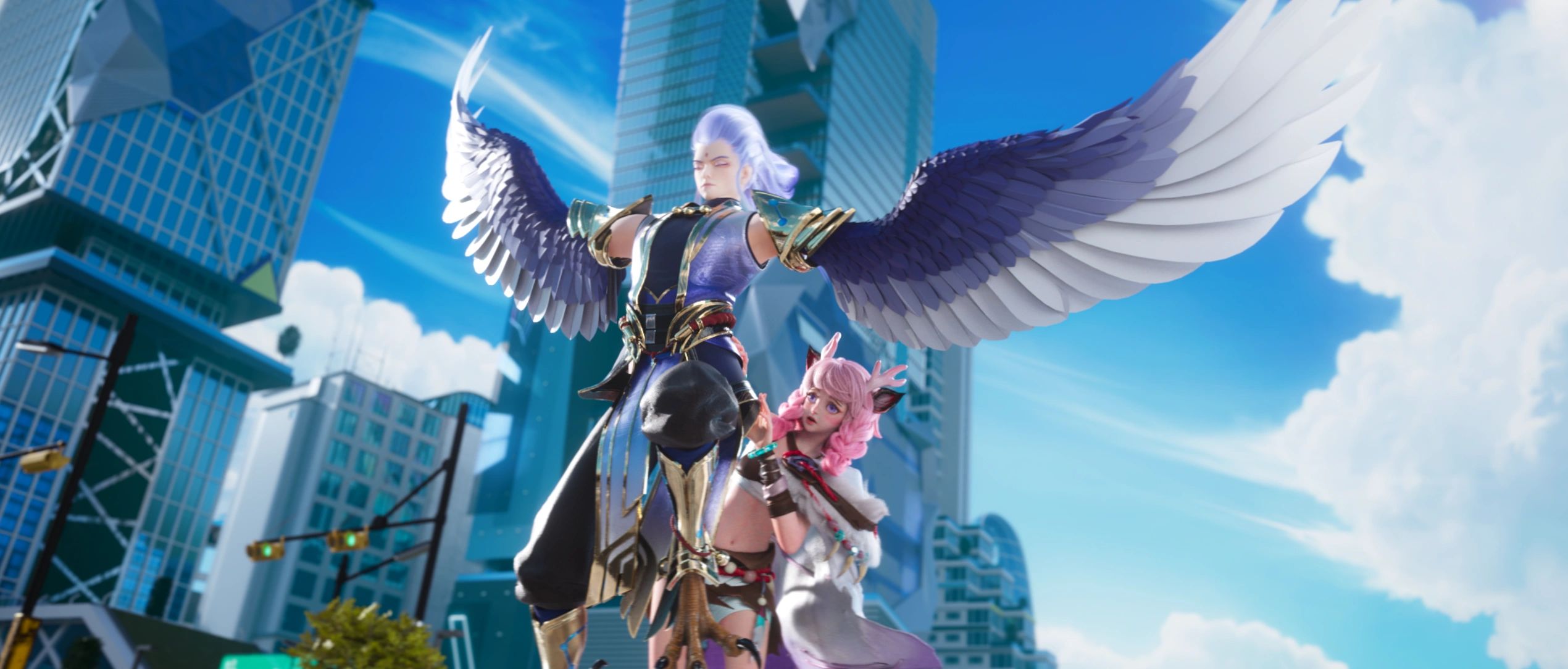 Two fantasy characters with wings and animal ears in a futuristic cityscape.