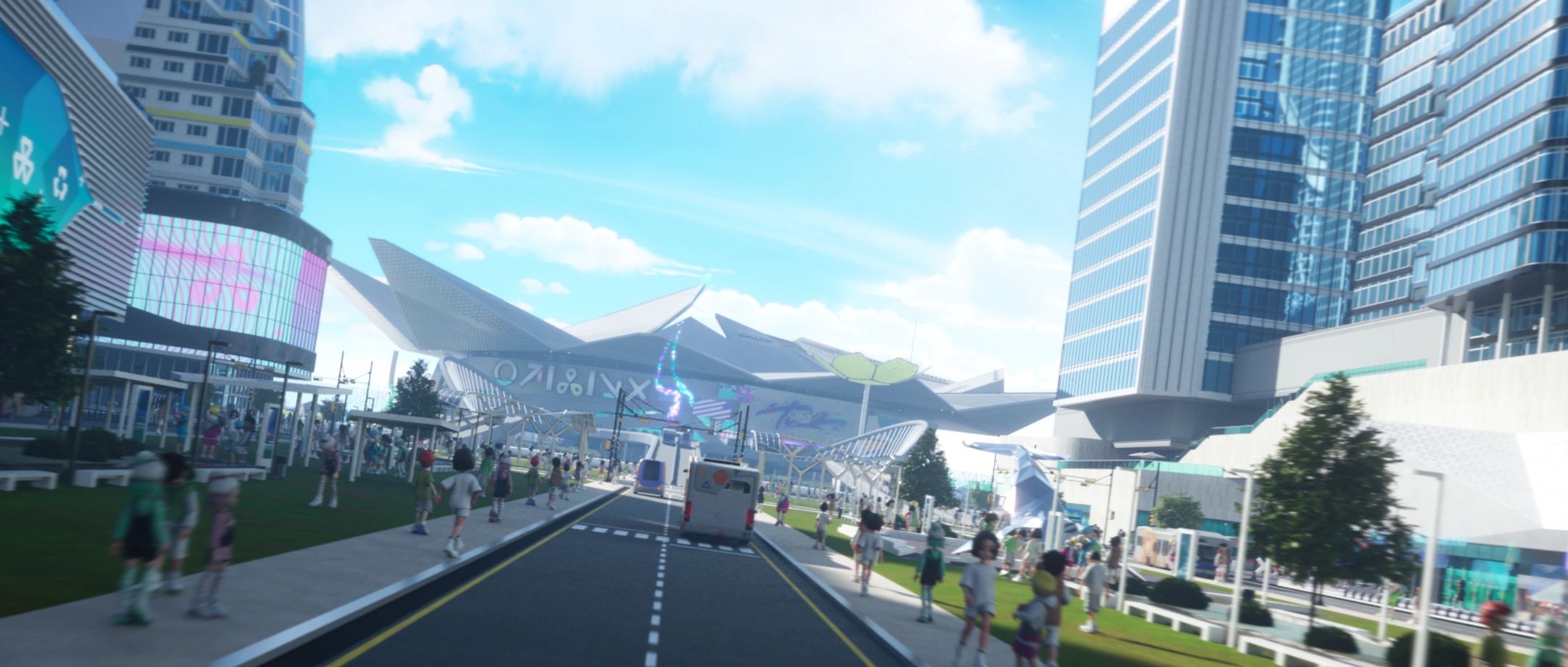 Futuristic cityscape with people walking along streets and modern architecture under a bright sky.
