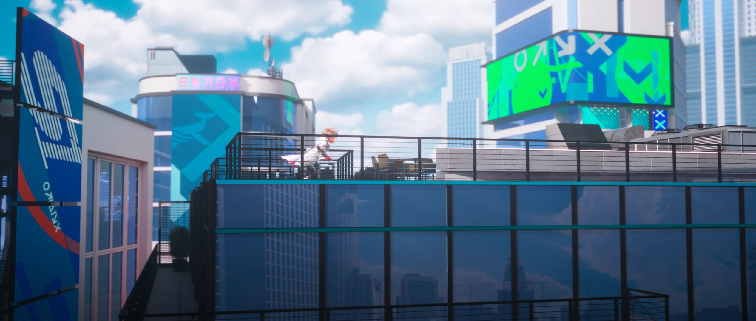 Person running on a rooftop terrace in a vibrant cityscape.