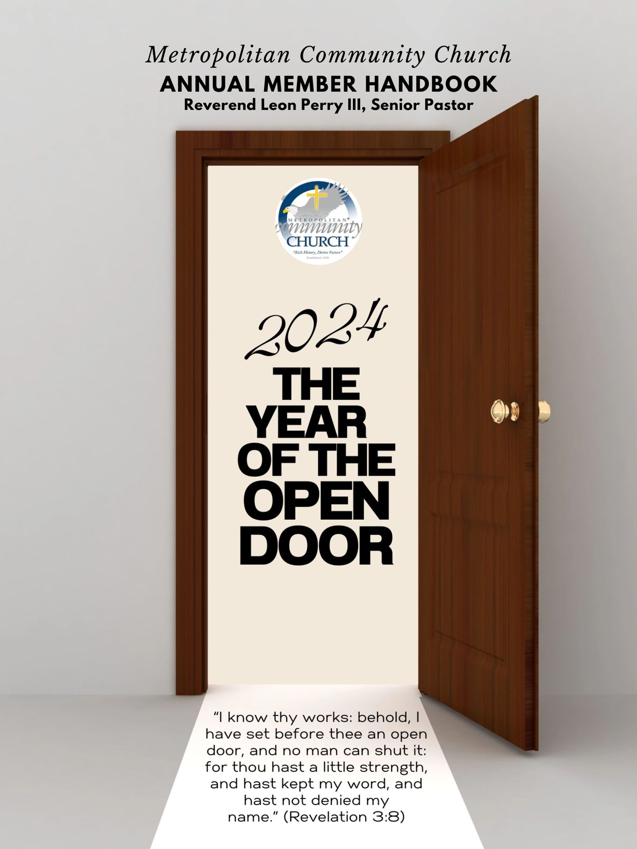 Open door with 2024 theme for Metropolitan Community Church annual handbook.