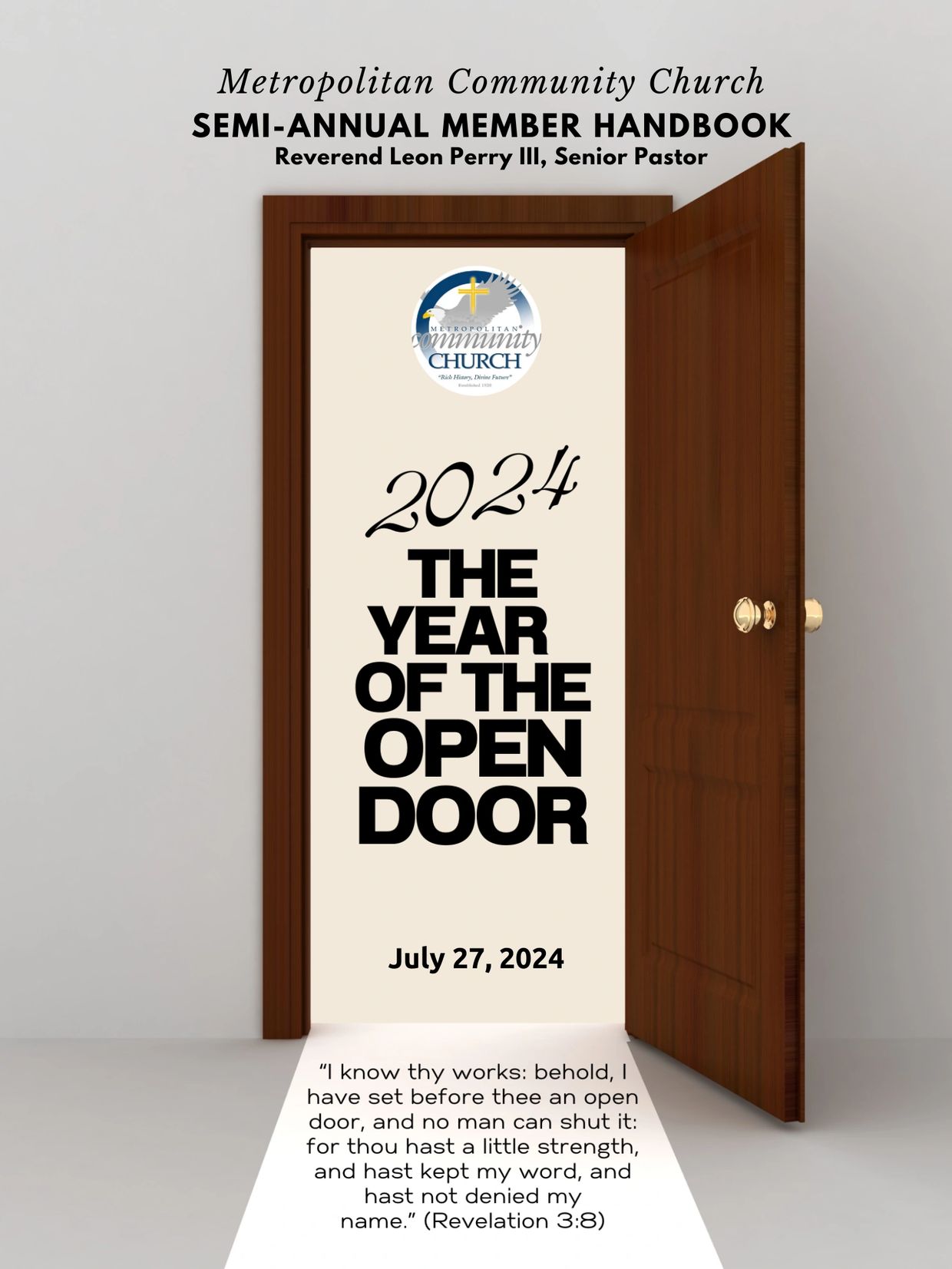 2024 Metropolitan Community Church member handbook cover with open door and scripture.