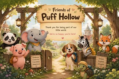 Friendly animals welcome to Puff Hollow.