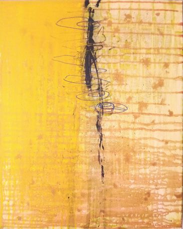 abstract painting by Tina Pare in yellows, golds, black, purple.  
