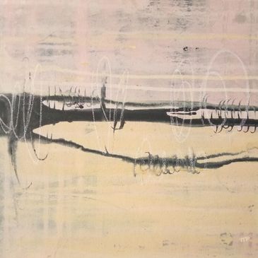 Square abstract painting in pink, coral, black and white by artist Tina Pare.