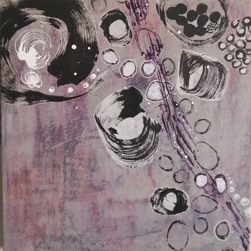 Square abstract in purples, black and white by artist Tina Pare