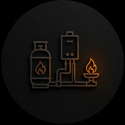 Stylized gas system icon with flame symbols on a dark background.