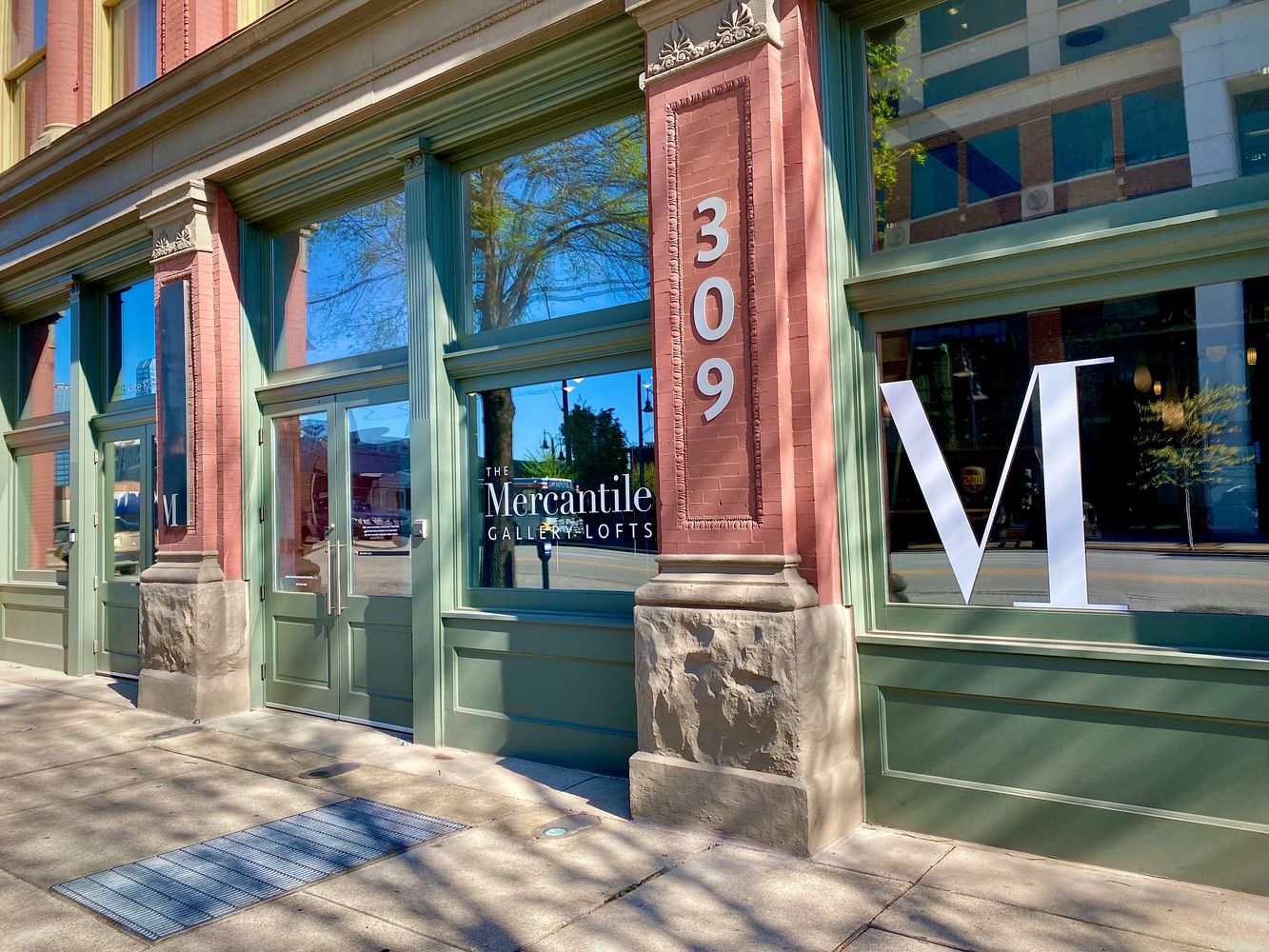 Front entrance of The Mercantile Gallery Lofts at 309 East Market Street in Louisville, KY