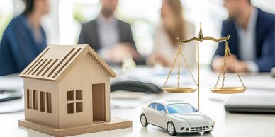 A wooden house model, toy car, and scales of justice on a table with blurred people in the background.
