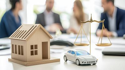 Model house, car, and scales of justice with blurred people discussing in background.