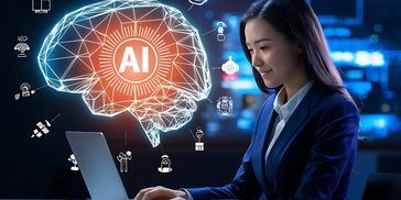 Woman on a laptop with AI brain graphic, representing innovative artificial intelligence solutions.