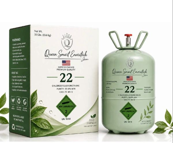 Queen Smart Envirotech R22 refrigerant with eco-friendly packaging and cylinder.