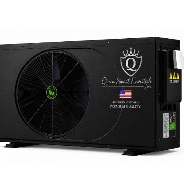 Black Queen Smart Envirotech air conditioner with large fan and American quality label.