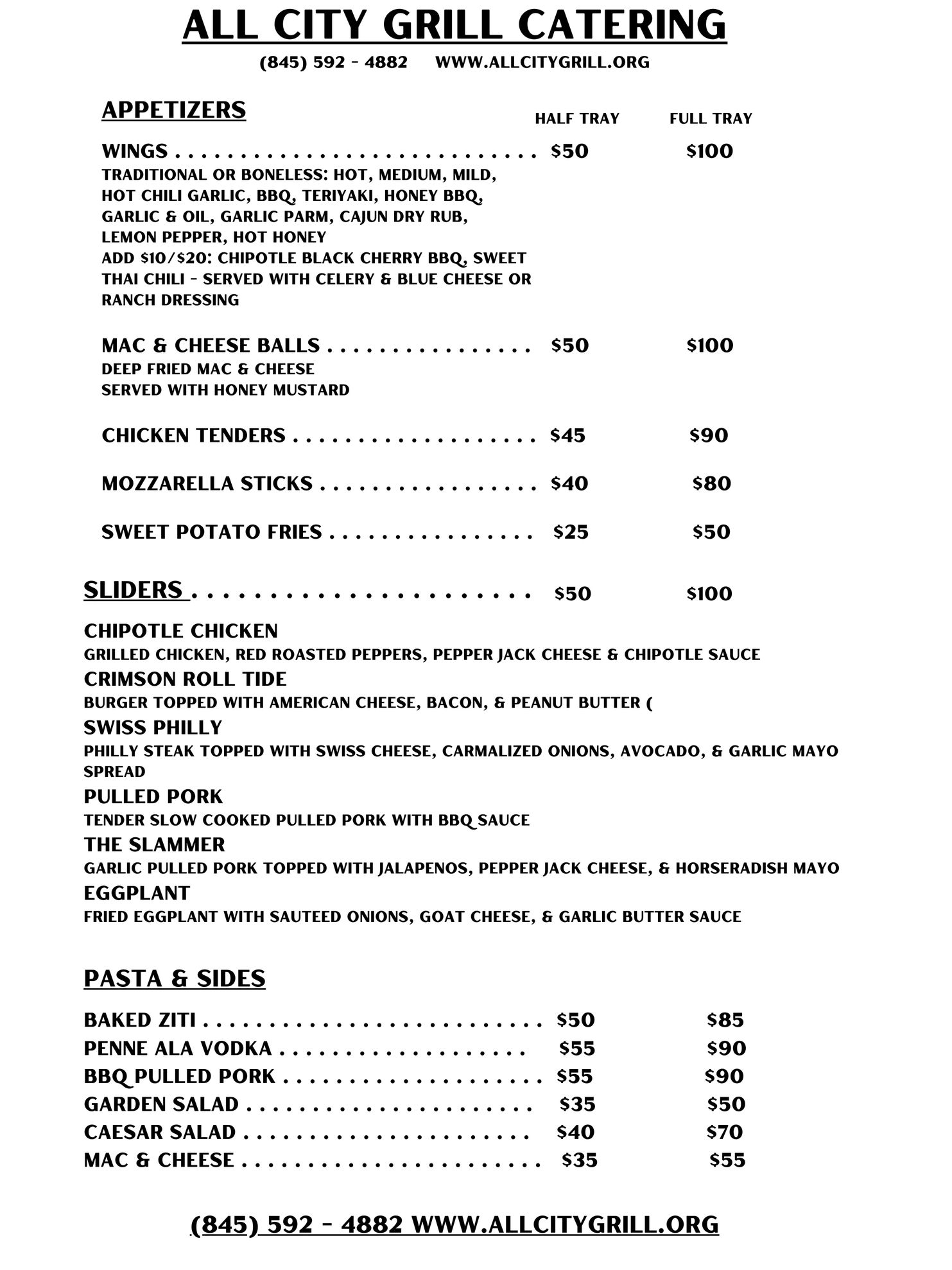 All City Grill Catering menu featuring appetizers, sliders, pasta, and sides with prices for half and full trays.