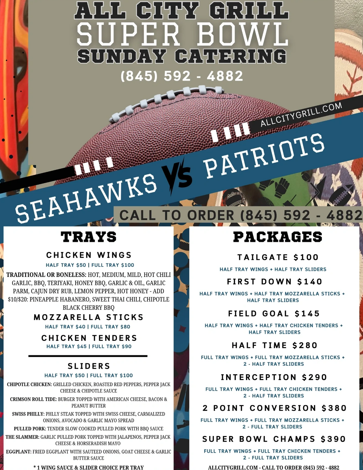 Menu of items offered for catering through All City Grill for Super Bowl Sunday