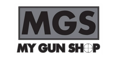 Logo of MGS My Gun Shop with a crosshair design in the text.