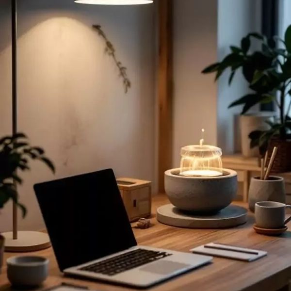 Cozy workspace with a laptop, fountain, and warm lighting.