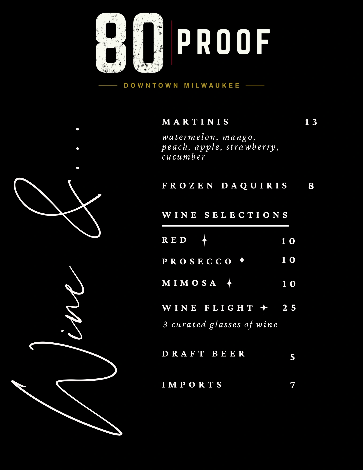 Menu from 80 Proof in Downtown Milwaukee with drink selections and prices.
