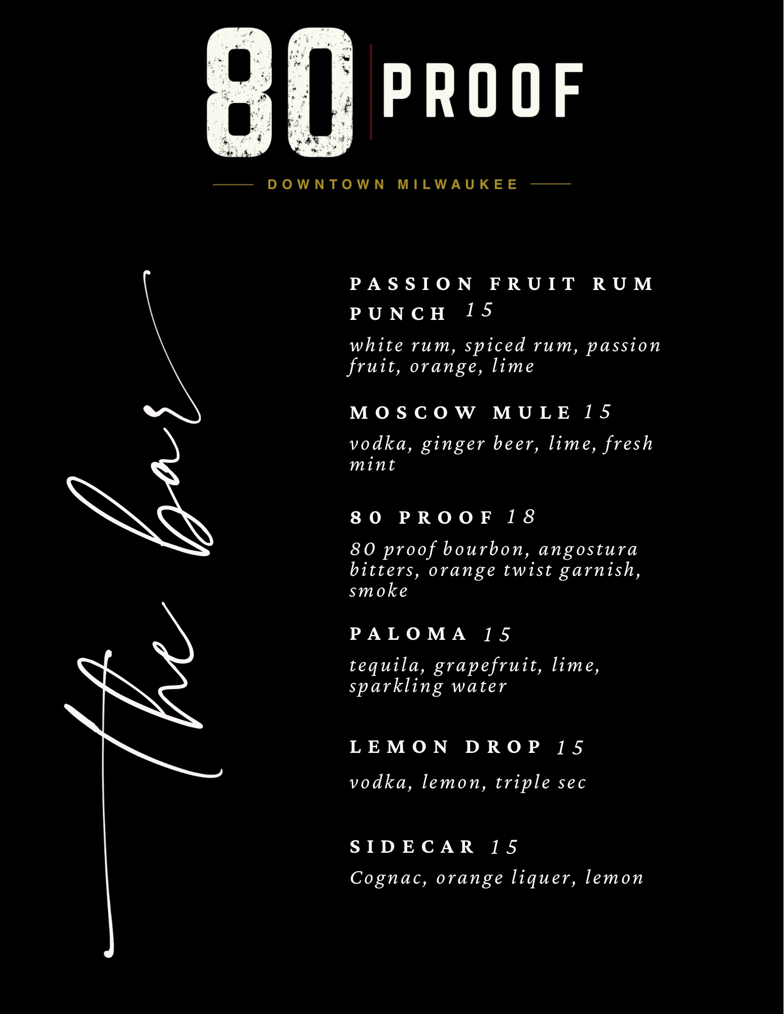 80 Proof downtown Milwaukee bar menu showing cocktails and ingredients.
