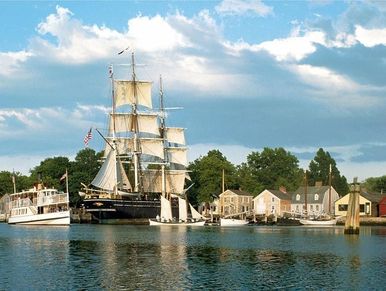 Historic sailing ships docked near quaint waterfront houses under a blue sky.