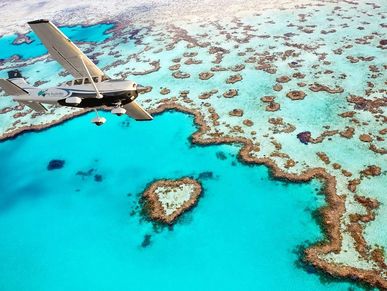 A small plane flying over a heart-shaped coral reef in turquoise waters.