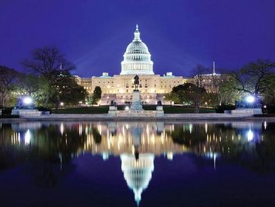 The illuminated US Capitol building reflected in a nighttime pool.