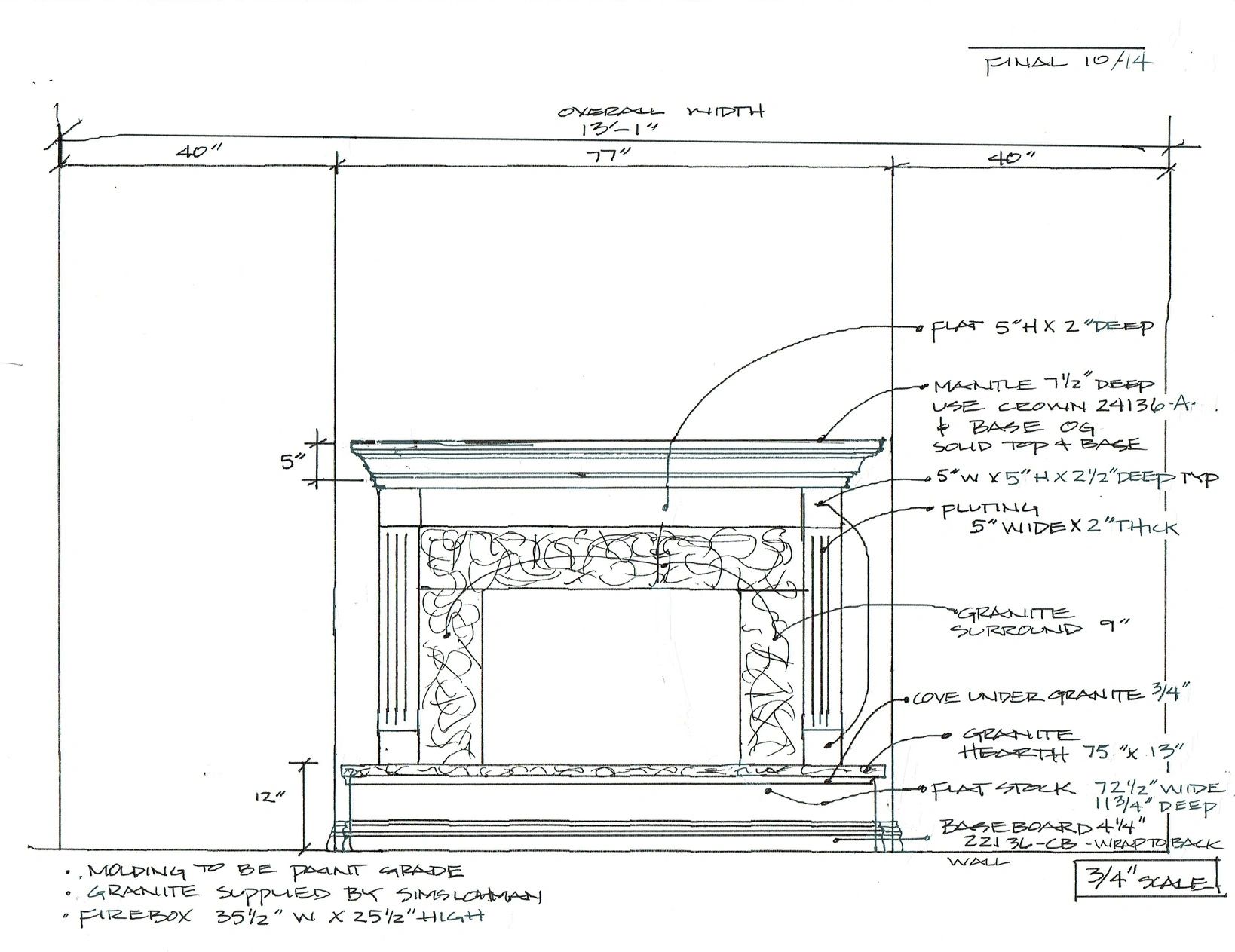 Architectural drawing of a detailed fireplace design with measurements.