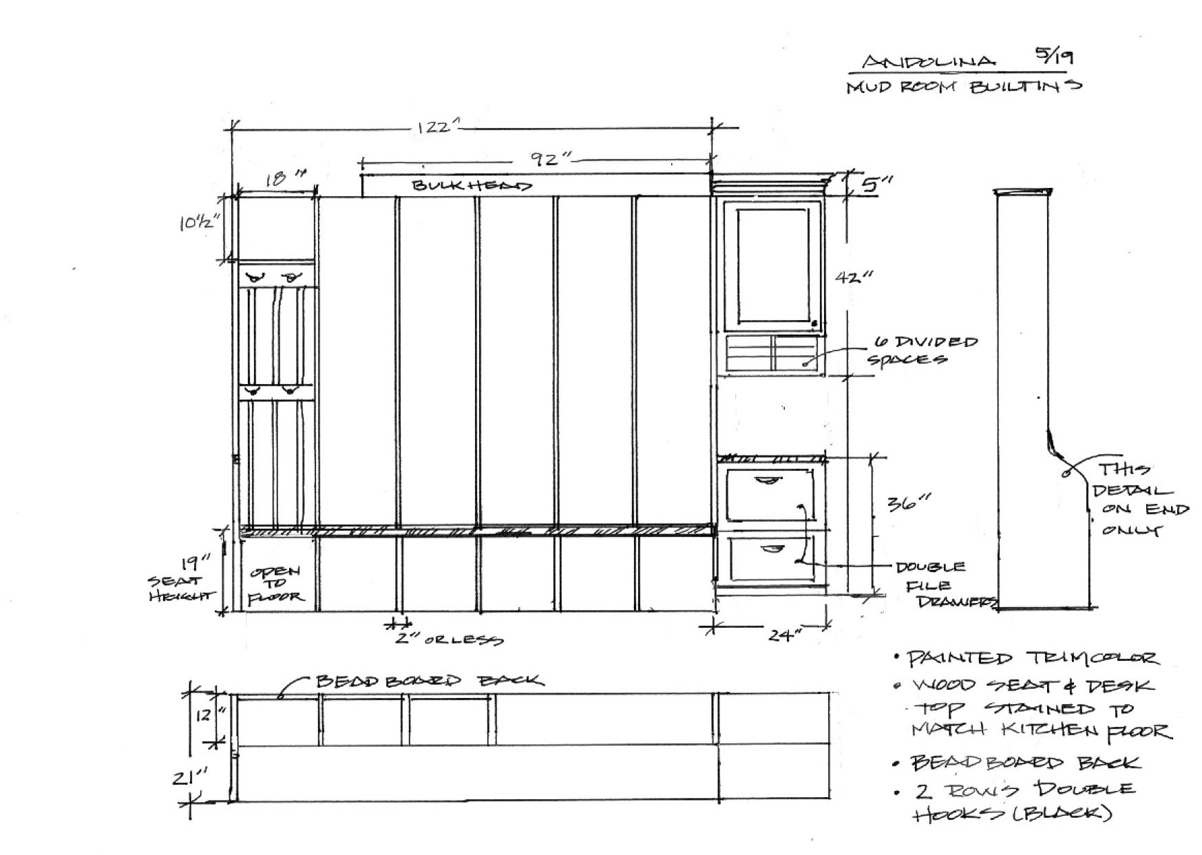 Detailed hand-drawn mud room built-in cabinet design.