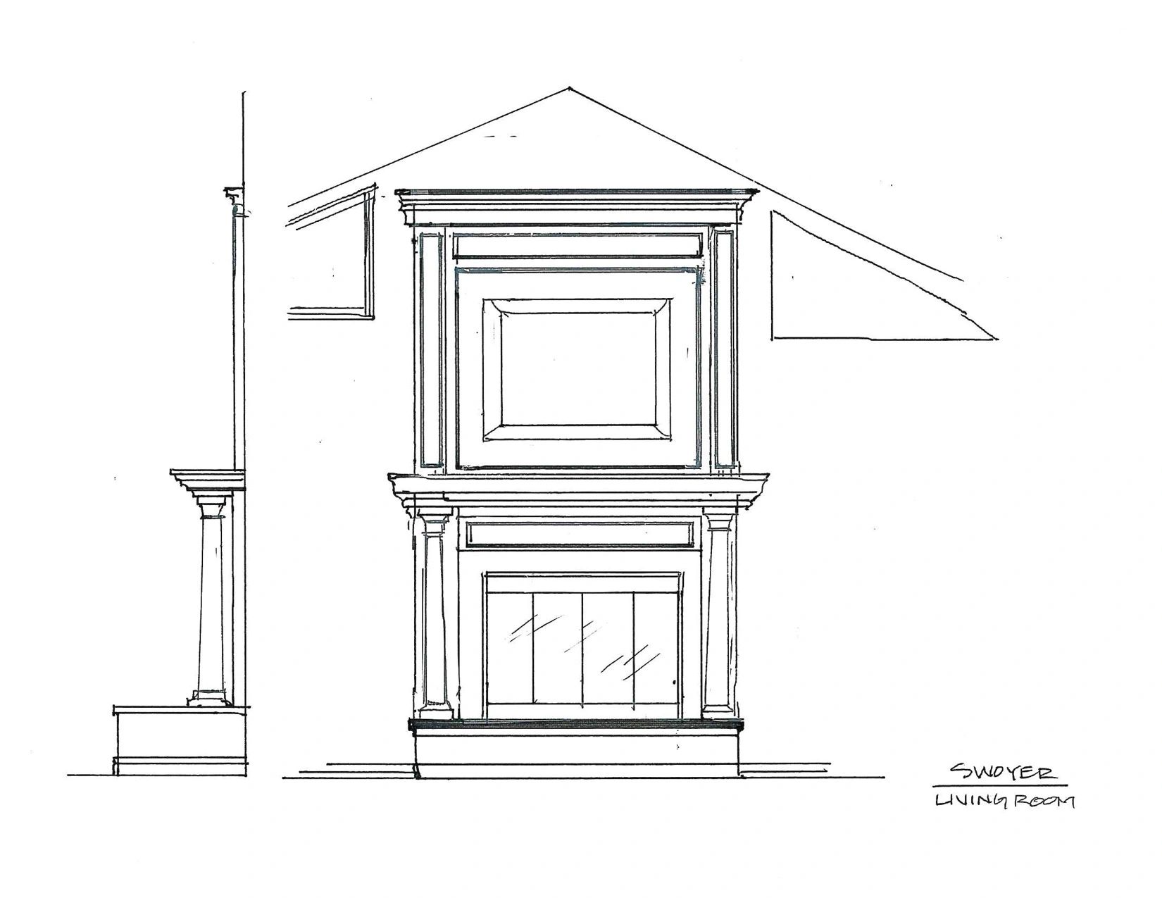 Architectural sketch of a living room fireplace design.