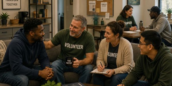 Volunteers warmly engage in a supportive conversation in a cozy community center.