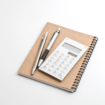 Brown paper pad with pens and a calculator