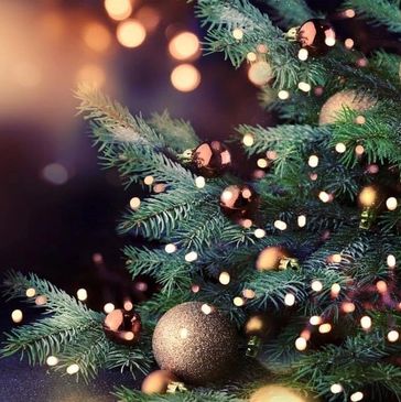 Decorated Christmas tree with golden ornaments and lights.