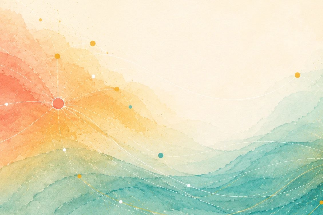 Abstract watercolor waves with connecting dots in warm and cool tones.