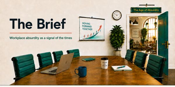 Empty modern office conference room symbolizing workplace absurdity.