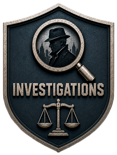Shield emblem with detective silhouette and scales of justice labeled 'Investigations'.