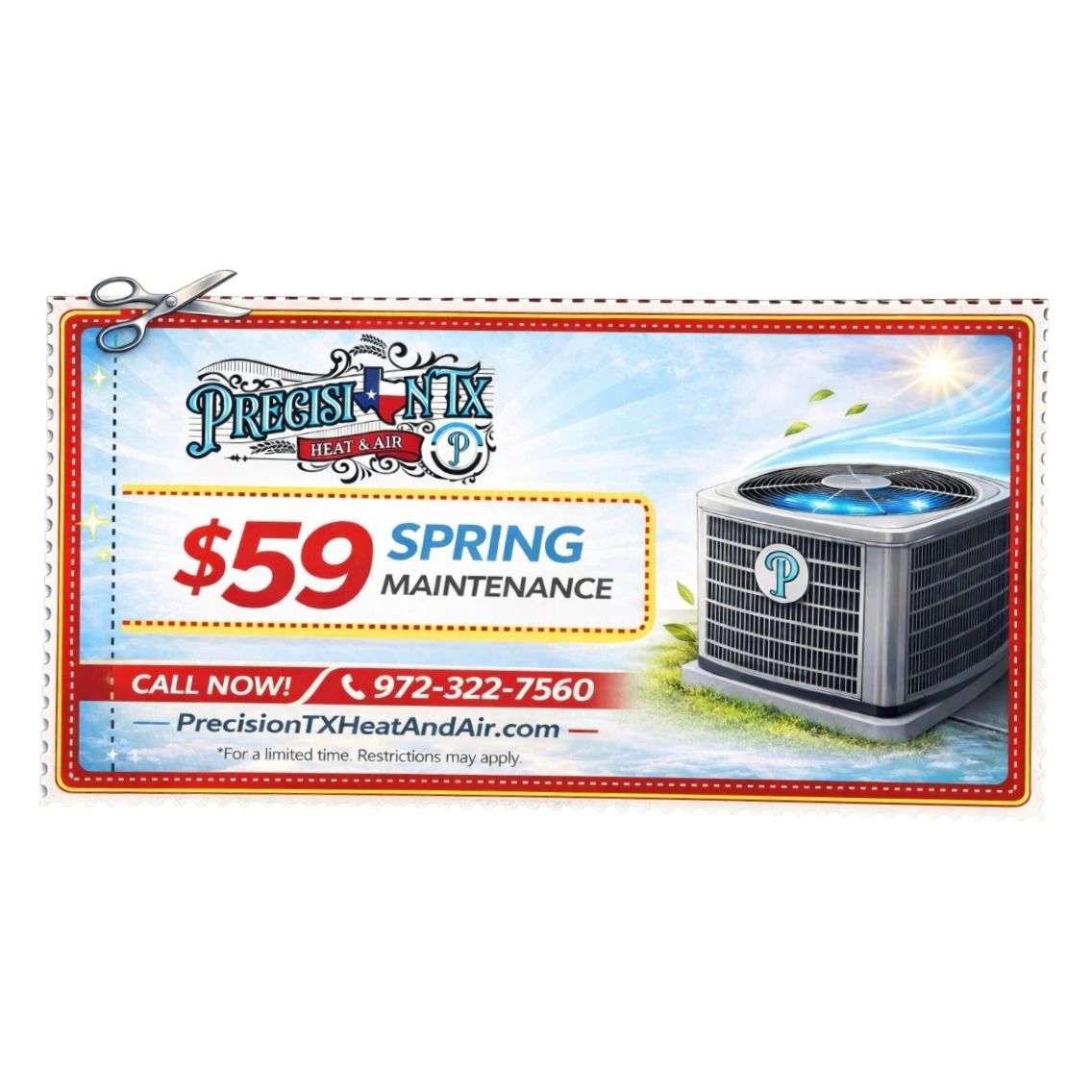 $59 spring maintenance offer by Precision TX Heat &amp; Air with contact details.