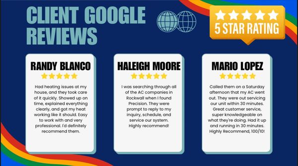 Client Google reviews highlighting excellent 5-star service and satisfaction.