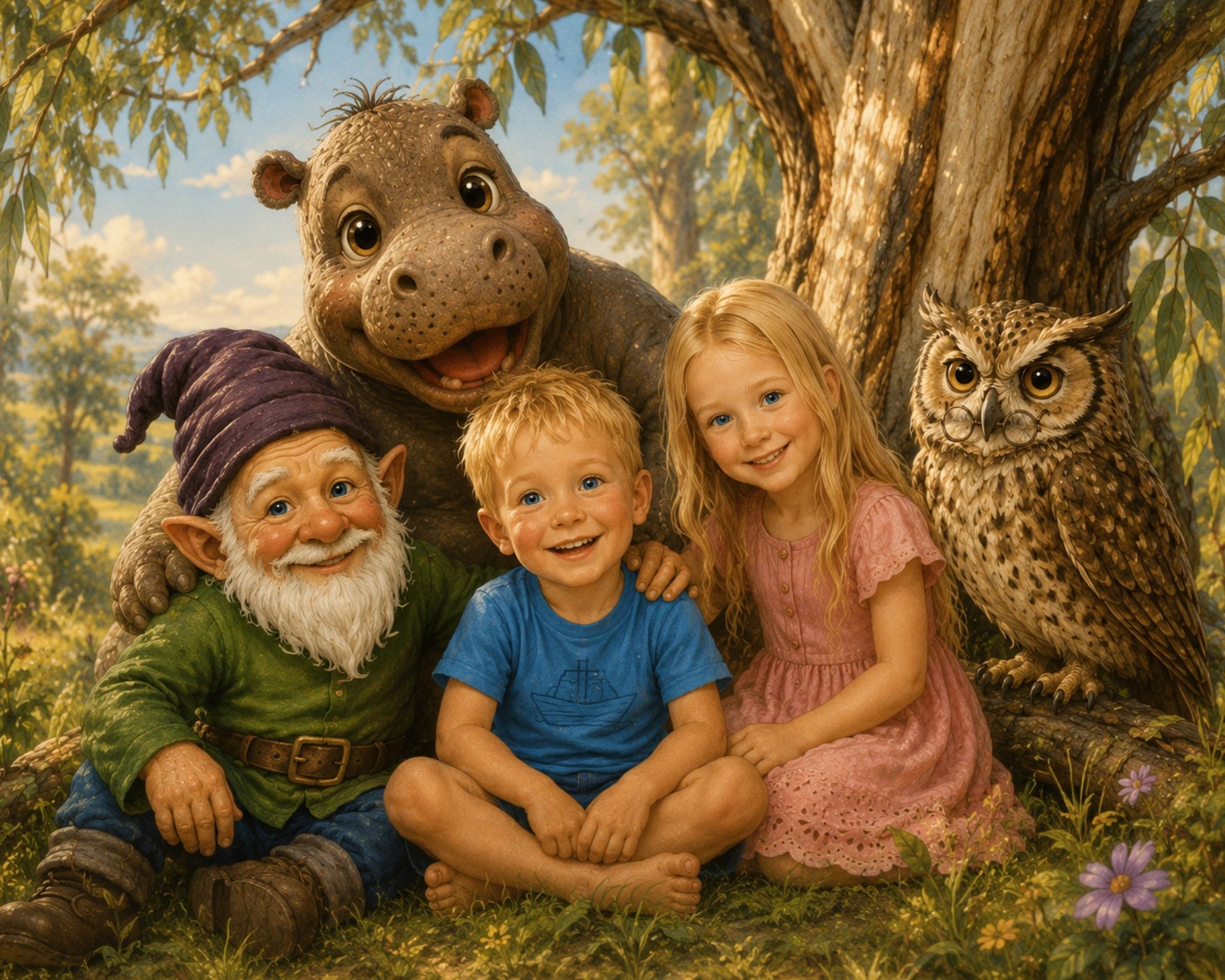 Lonnie, Audrey, Hippy, Morley and Whoot  beneath a gum tree from The Magical Friends Collection.
