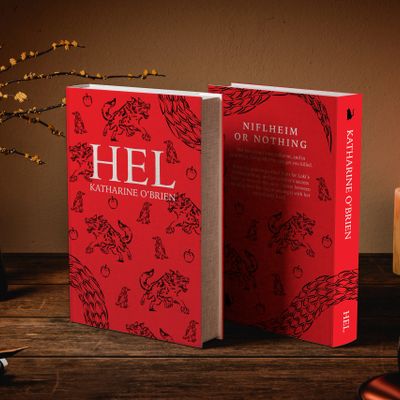 Two red books titled "HEL" by Katharine O'Brien with intricate black illustrations.