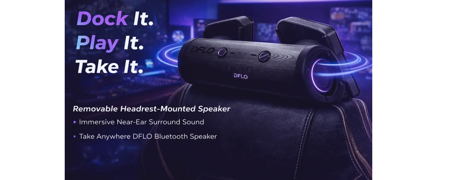 DFLO removable headrest-mounted Bluetooth speaker with immersive near-ear surround sound.