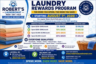 Laundry Rewards Program at Robert's Laundromat in Laconia and Belmont.