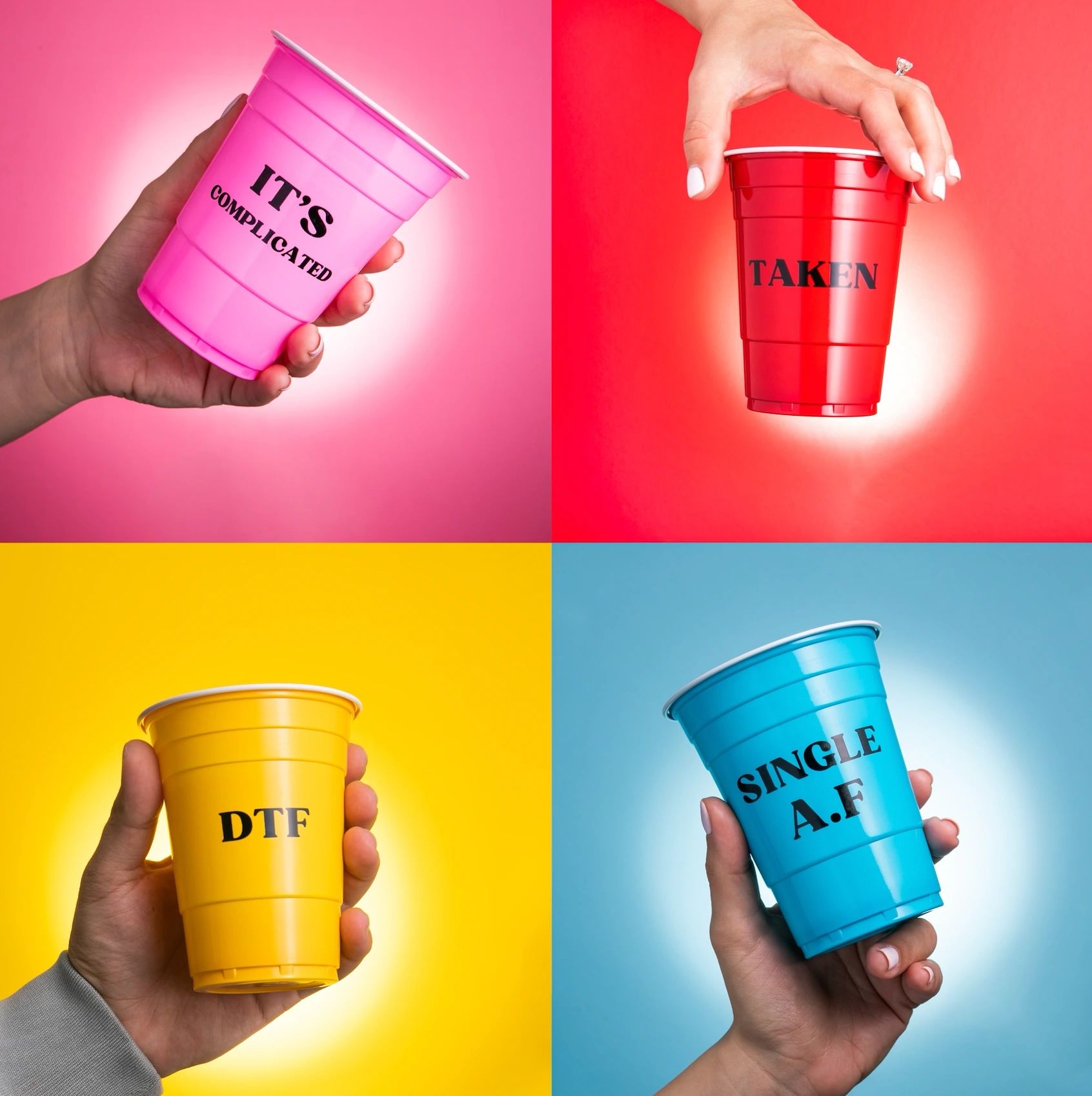 Colour coded drink cups for parties .. who is single and who is taken or  it's complicated