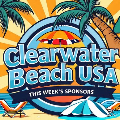 Colorful Clearwater Beach USA logo with beach elements and sponsor note.