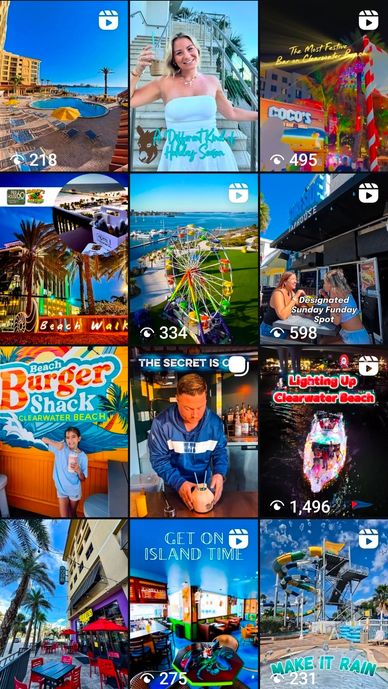 Collage of vibrant Clearwater Beach scenes including dining, rides, and nightlife.