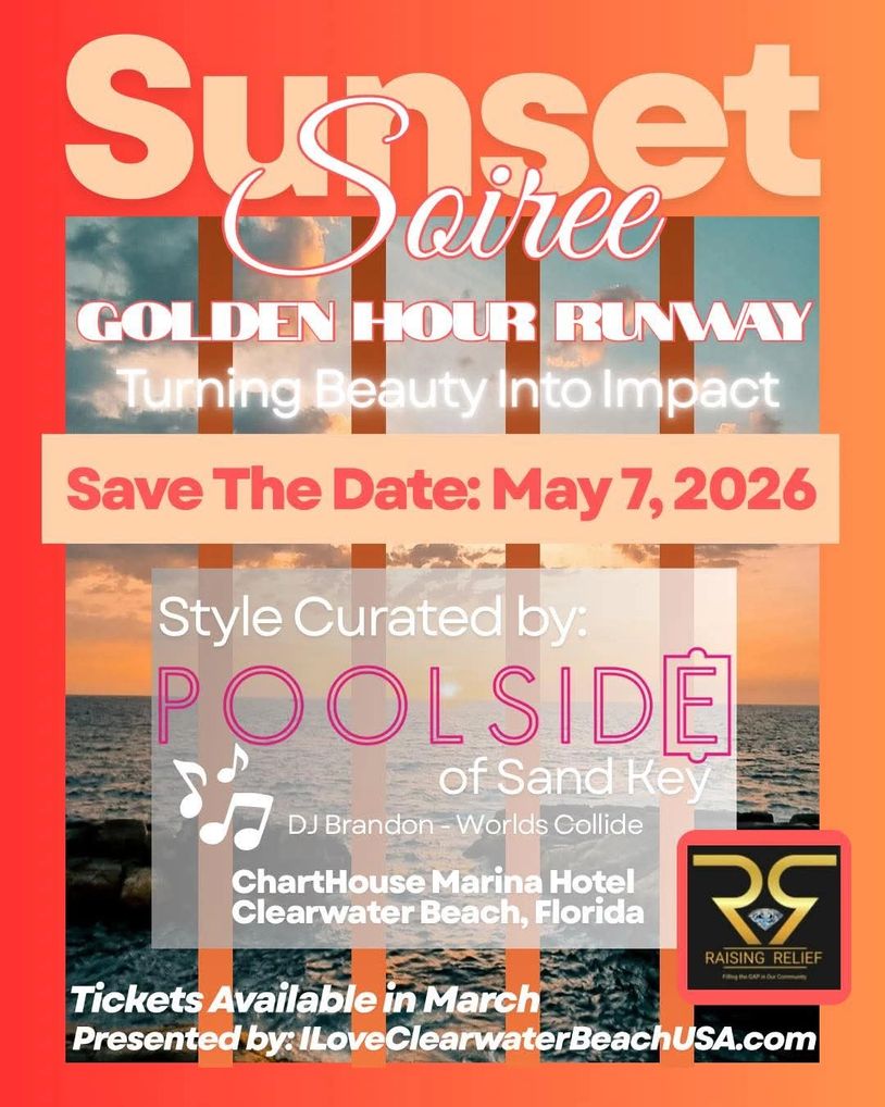 Sunset Soiree fashion event on May 7, 2026, at Clearwater Beach, Florida.