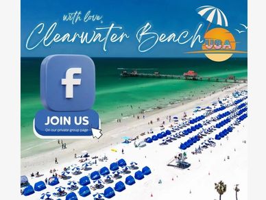 A sunny Clearwater Beach with blue umbrellas and Facebook group invitation.