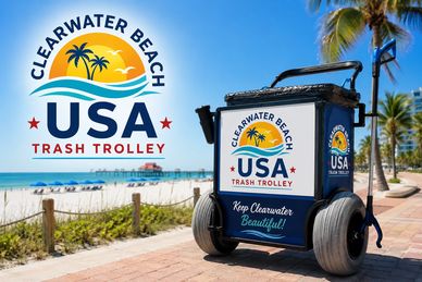 Beach trash trolley promoting cleanliness at Clearwater Beach, USA.