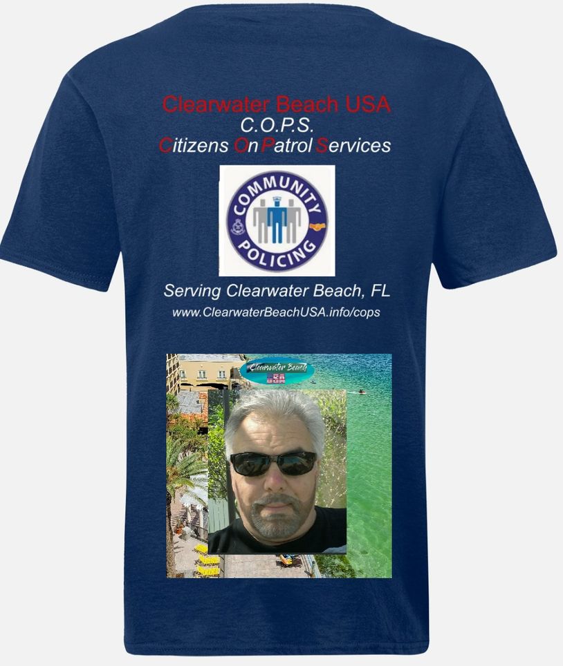 T-shirt promoting Clearwater Beach COPS with community policing logo and a selfie.