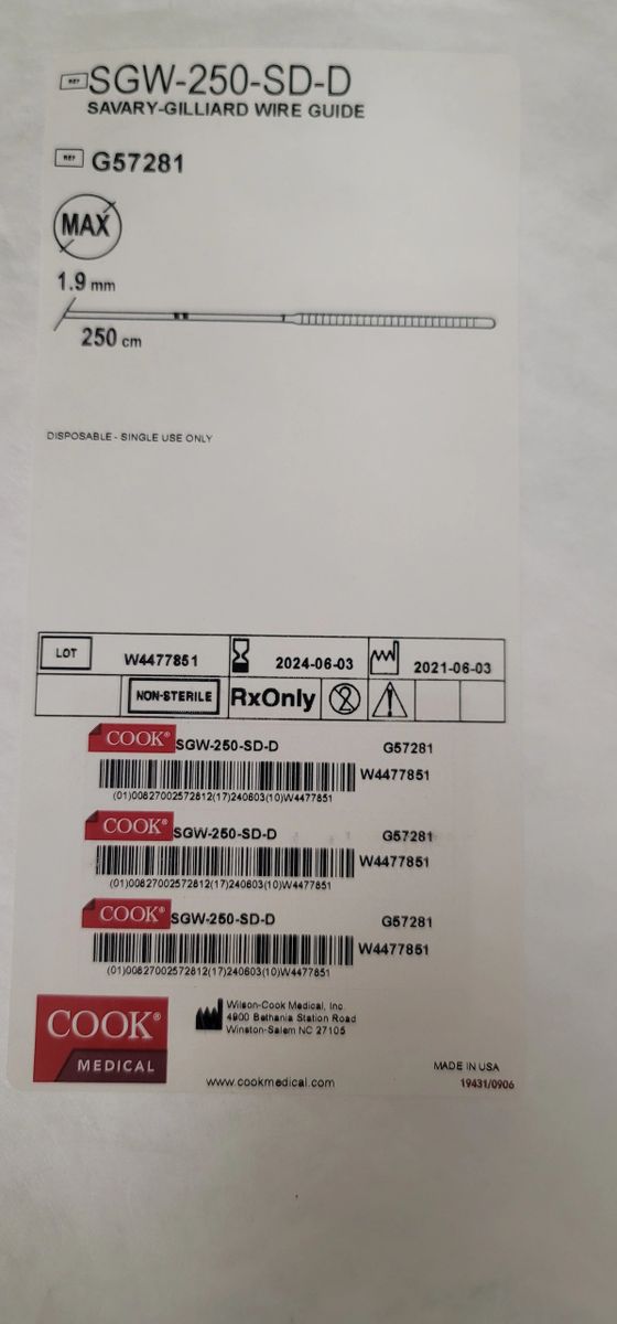 Cook Medical G57281 SavaryGilliard Wire Guide 1.9mm x 250cm (In Date!)