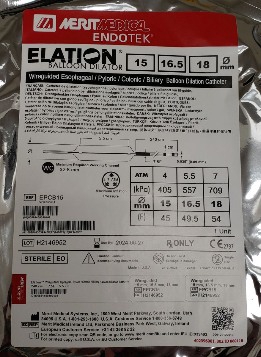 MERIT MEDICAL EPCB15 ELATION BALLOON DILATOR 15 mm, 16.5 mm, 18 mm. IN